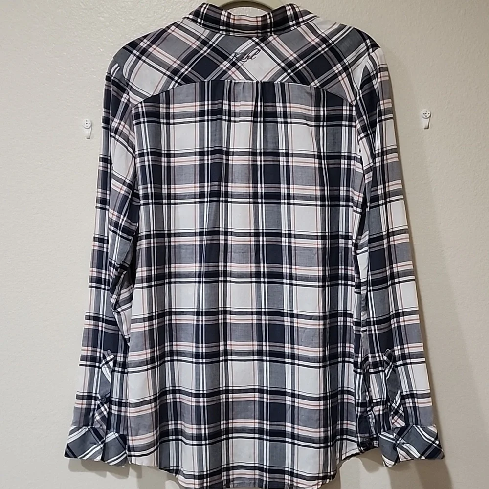 Kuhl Women’s Plaid Lexi Long Sleeve Shirt in Gray/White/Orange Tencel Size Med